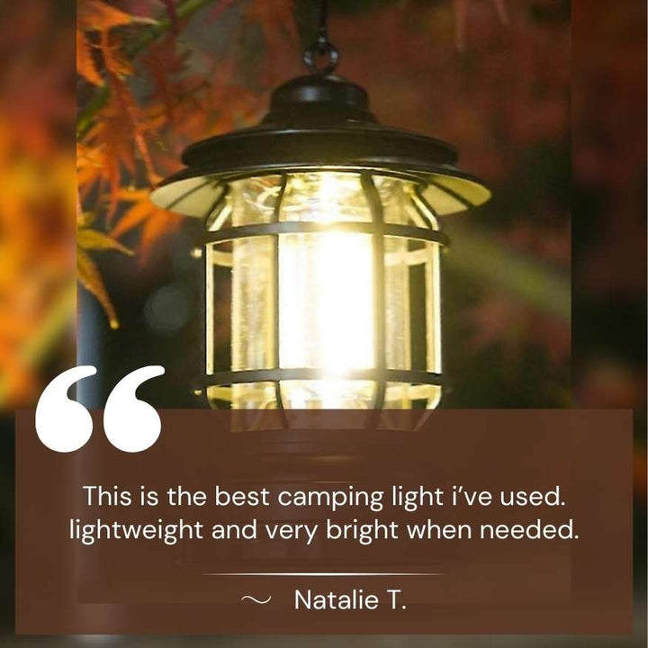 Lanterne de camping LED vintage, éclairage extérieur portatif et dimmable, batterie rechargeable.