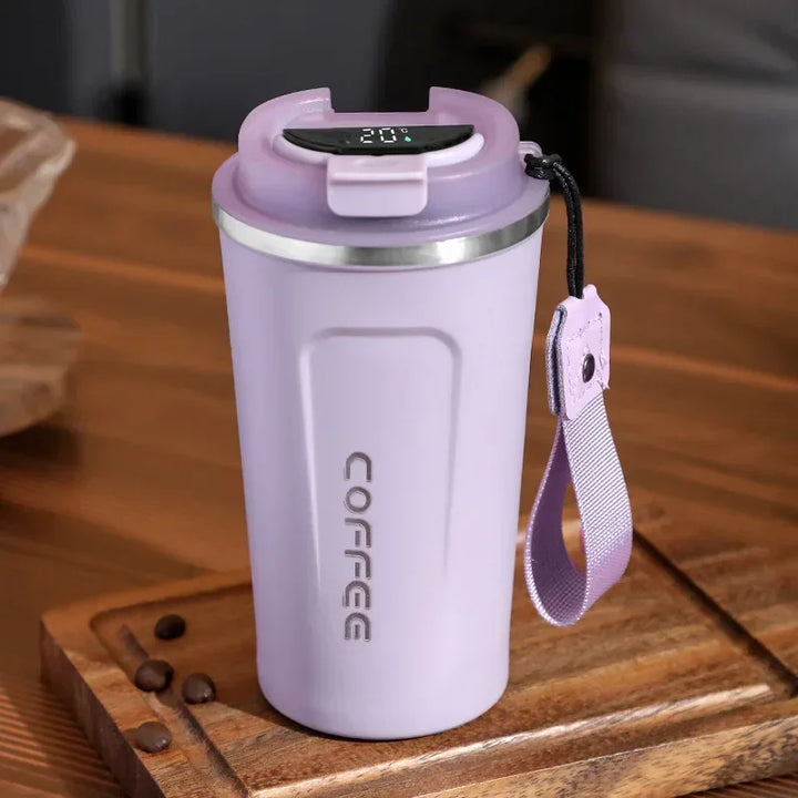 Thermos en acier inoxydable pour eau chaude ou froide, avec affichage numérique intégré.