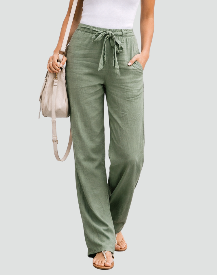 Pantalon femme jambe large avec taille à cordon élastique, style décontracté chic et moderne.