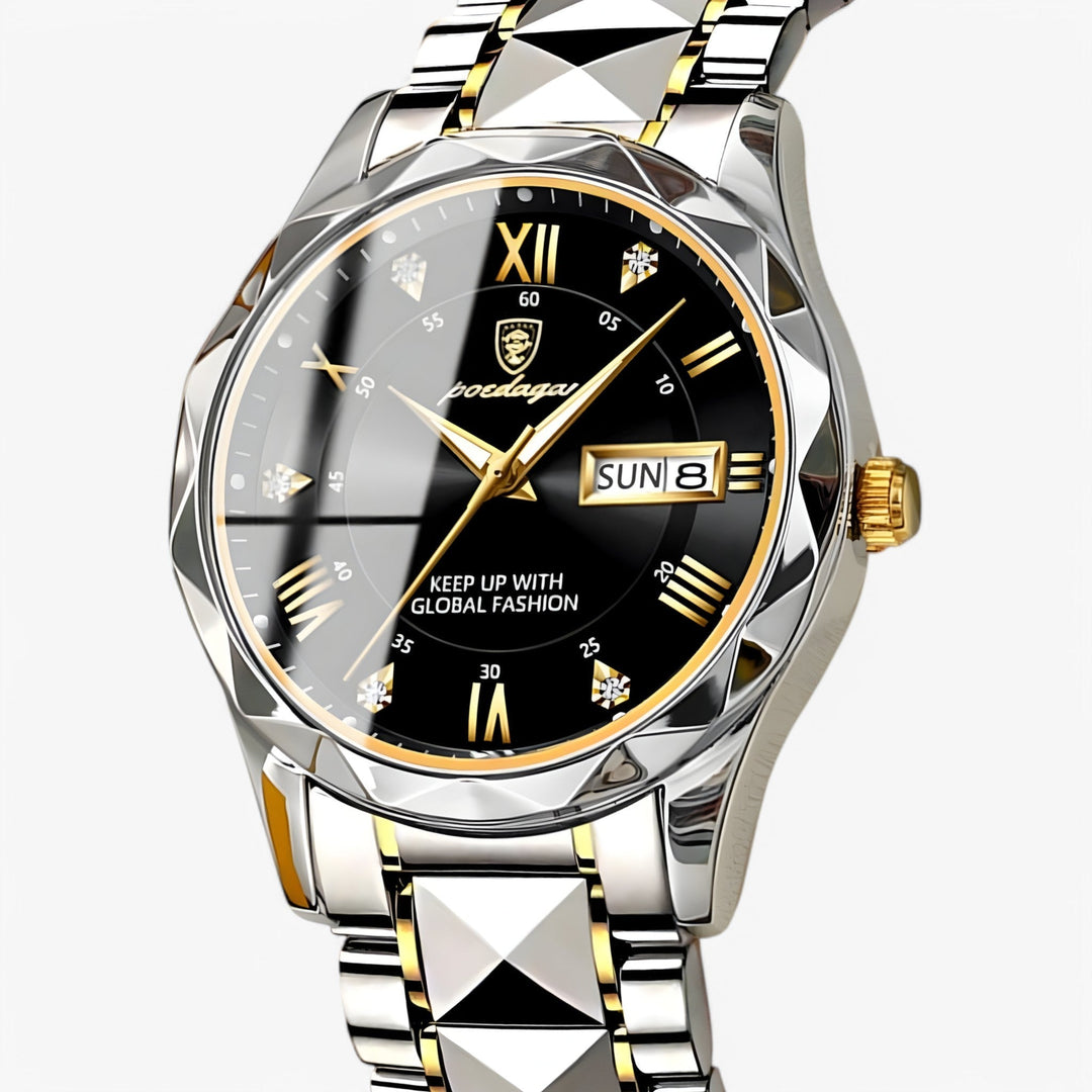 Profil élégant de la montre homme luxe classique, boîtier fin et couronne détaillée. Précision et style.