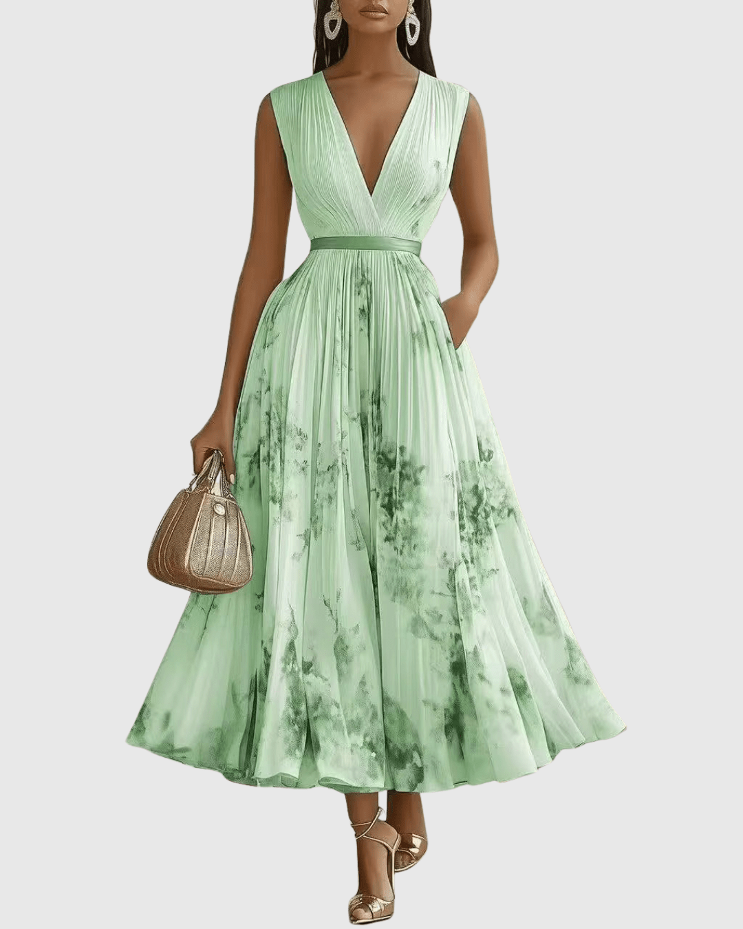 Robe de soirée longue plissée, chic et raffinée, pour une femme cherchant l'élégance.