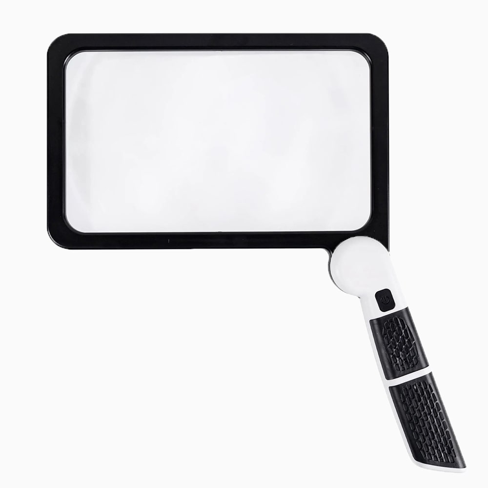 Loupe LED pliable avec grossissement 5x, idéale pour la lecture de petits caractères et l'examen de détails.