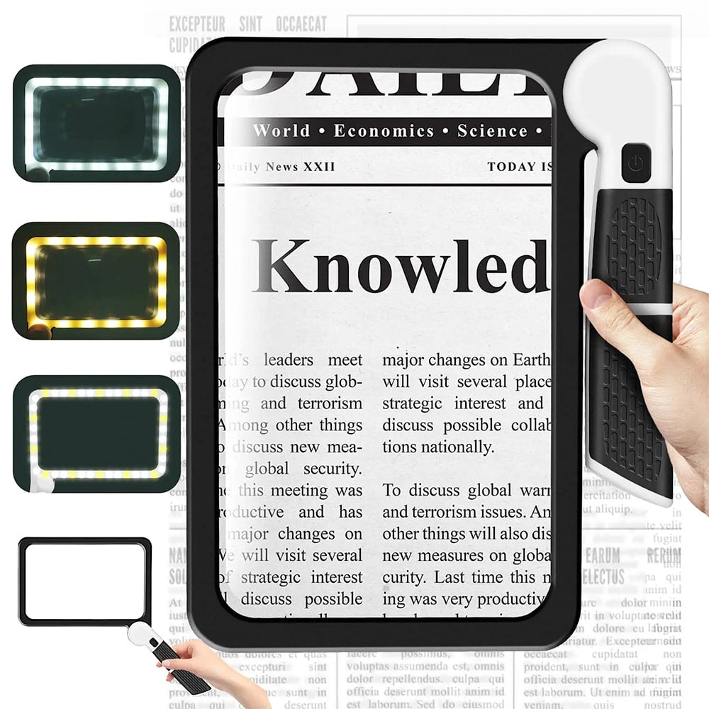 Loupe de lecture LED portable 5x, pliable pour un transport facile, offrant une visibilité claire et éclairée.