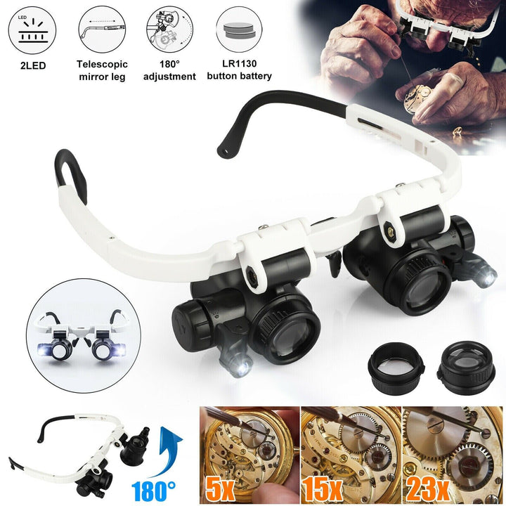 Loupe serre-tête LED ajustable pour confort visuel et précision. Idéale micro-travaux, grossissement optique.