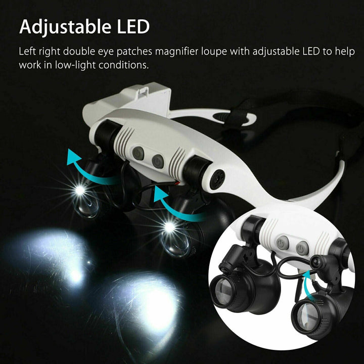 Loupe serre-tête LED avec lentilles, éclairage puissant pour horlogerie, modélisme et travaux de précision.