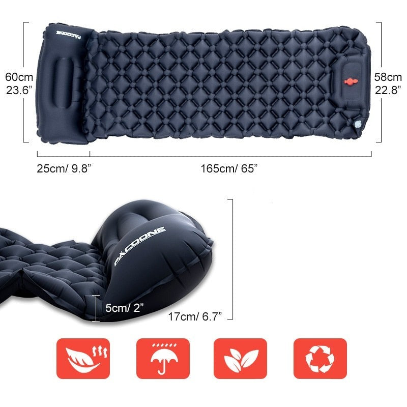 Matelas gonflable portable, ultra léger pour la randonnée et le camping, avec pompe intégrée pour un gonflage facile.
