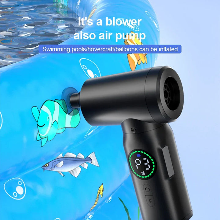 Design compact : aspirateur souffleur portable 2-en-1 avec éclairage LED pour zones sombres.