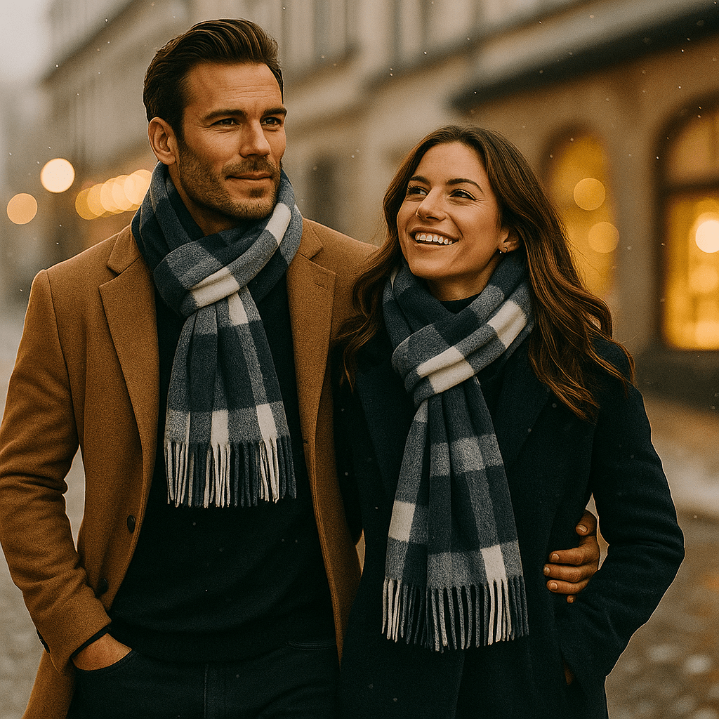 Gros plan sur l'écharpe homme classique, texture douce et chaude, parfaite pour les froides journées d'hiver.