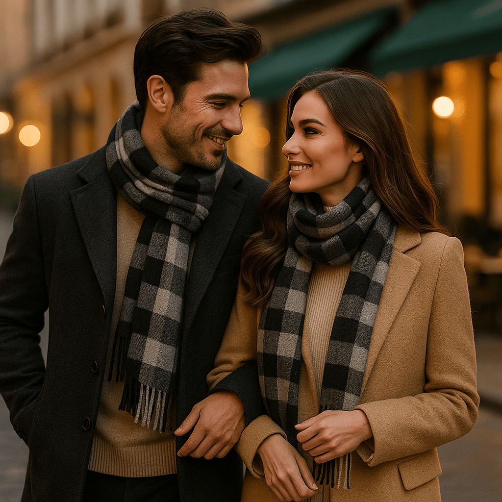 Homme portant une écharpe classique chaude et douce, un accessoire élégant pour un look d'hiver raffiné.