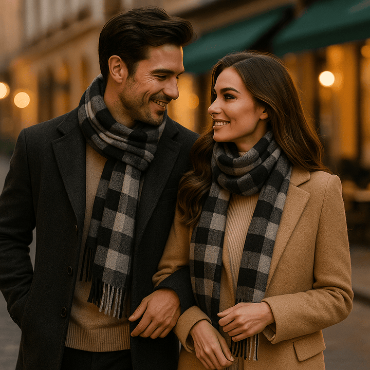 Homme portant une écharpe classique chaude et douce, un accessoire élégant pour un look d'hiver raffiné.