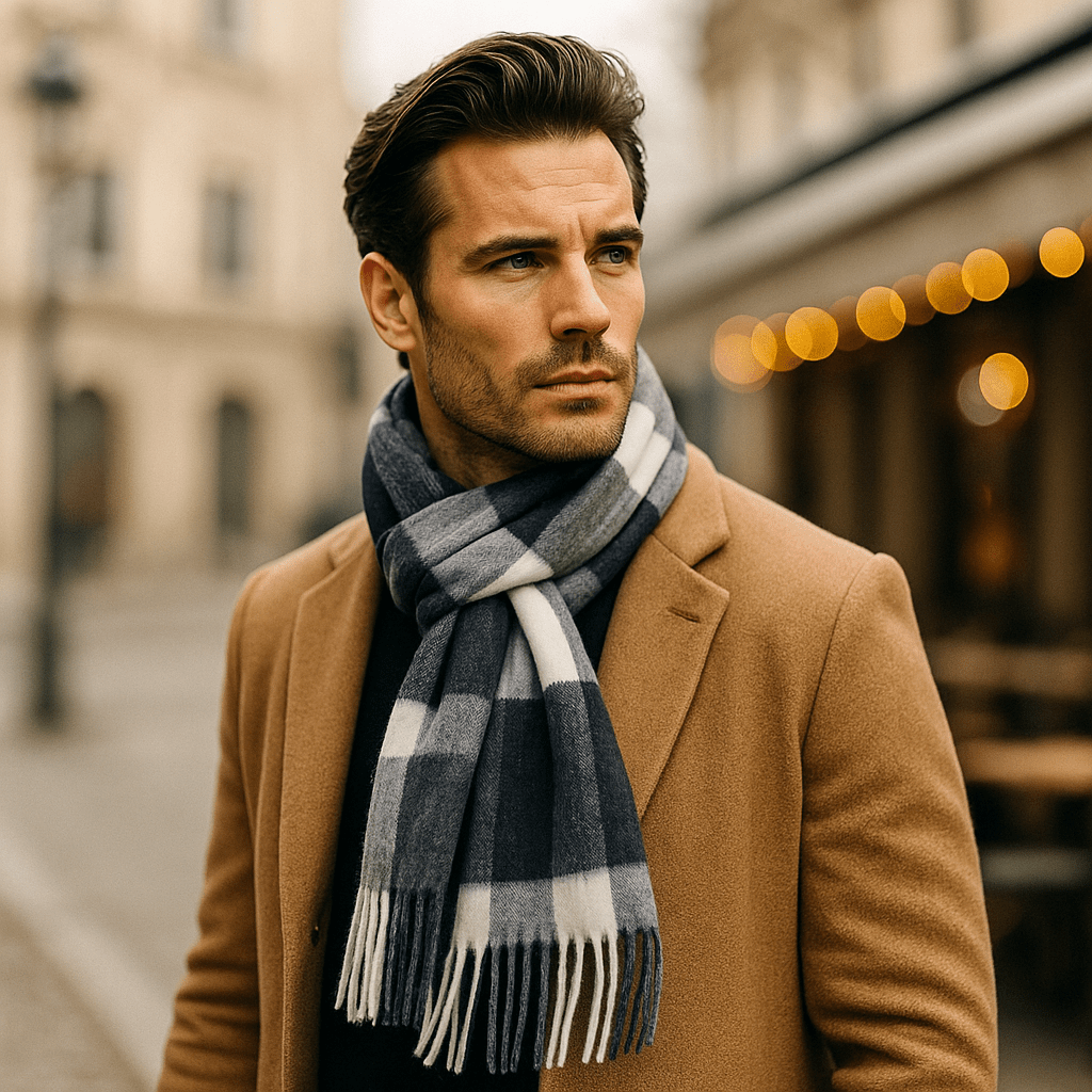 Écharpe homme classique chaude pour l'hiver, mélange doux, style élégant et intemporel, accessoire de mode.