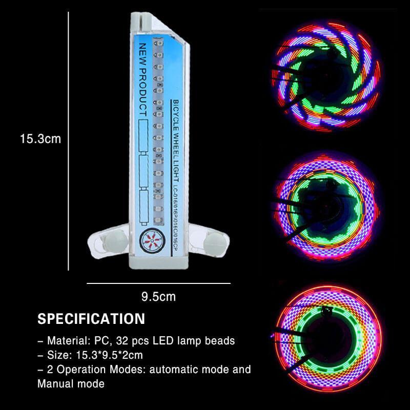 Lumières LED 3D vives sur rayons de roue de vélo, améliorant la sécurité et la visibilité nocturne du cycliste.
