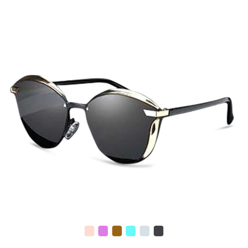 Lunettes de soleil œil-de-chat pour femme. Verres polarisés UV400 offrant une protection solaire et vision claire.