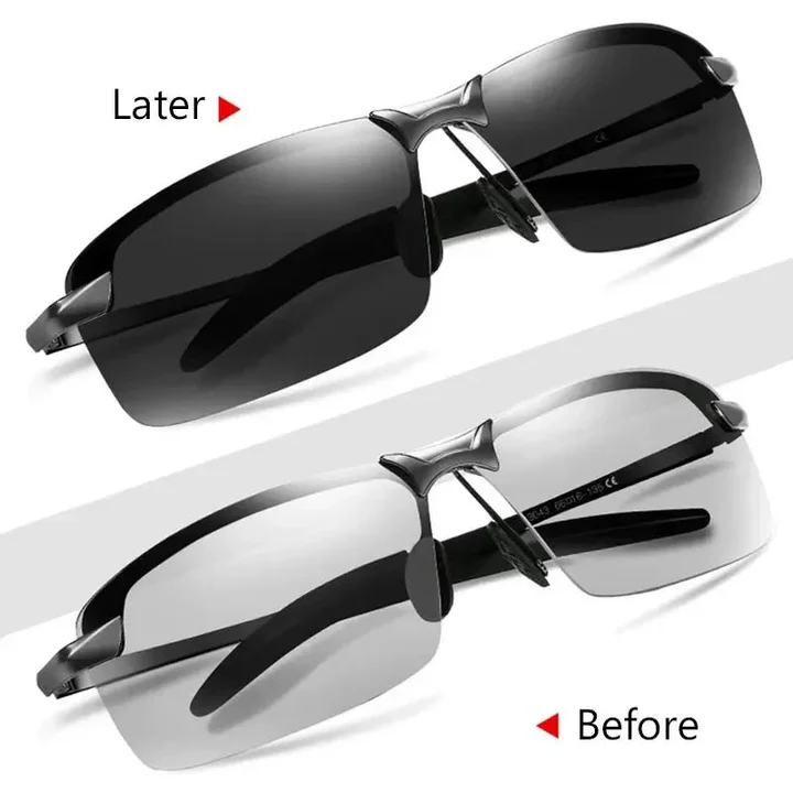 Paire de lunettes de soleil photochromiques polarisées offrant une vision claire et un confort optimal. Accessoire unisexe.