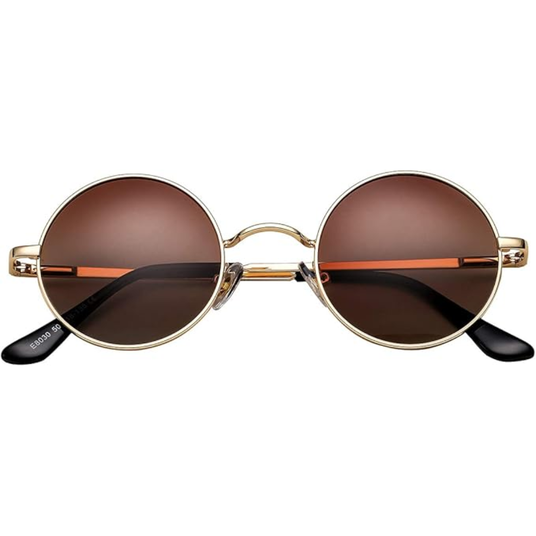 Personne portant des lunettes de soleil rondes polarisées rétro, style unisexe et protection UV garantie.