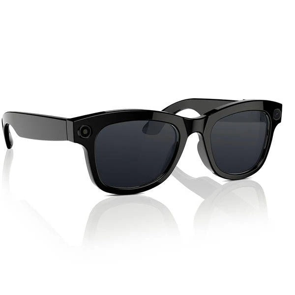Lunettes intelligentes noires avec caméra vidéo HD et audio Bluetooth pour appels mains libres et enregistrement facile.