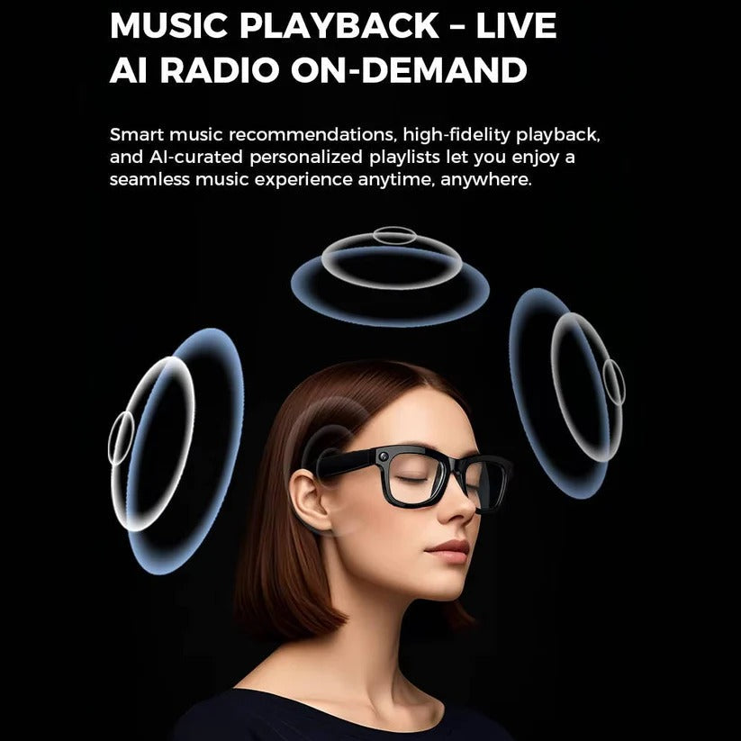Technologie portable innovante: lunettes avec caméra intégrée, audio Bluetooth et commandes intuitives.