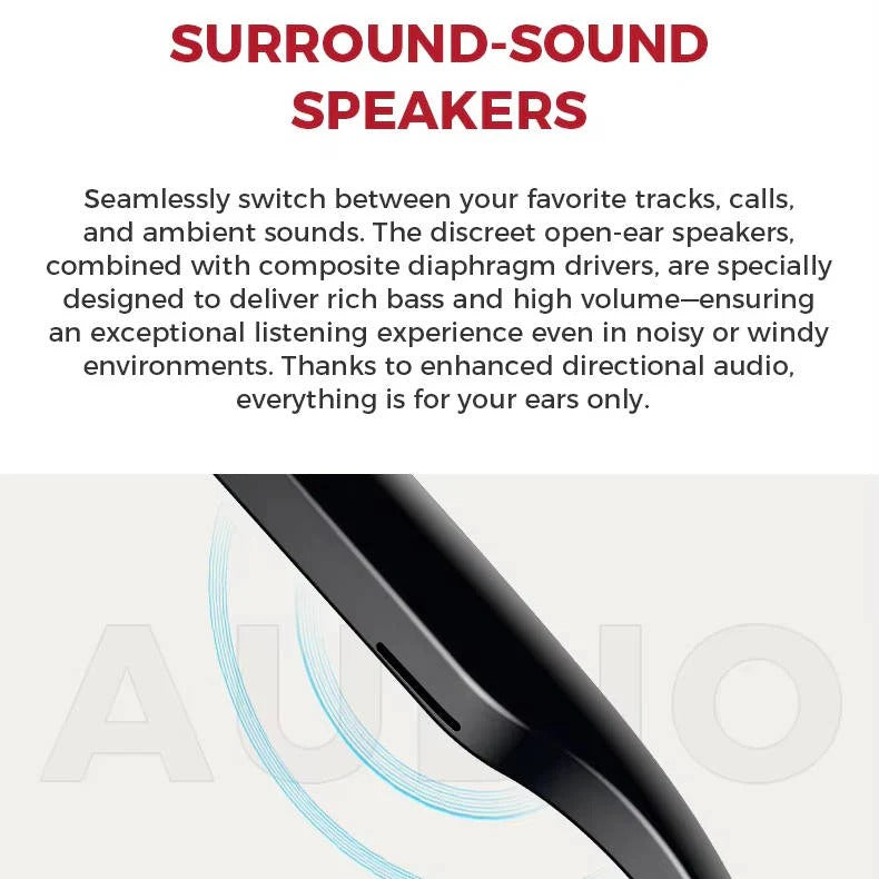 Lunettes intelligentes au design moderne, équipées d'une caméra vidéo discrète et fonction audio Bluetooth.