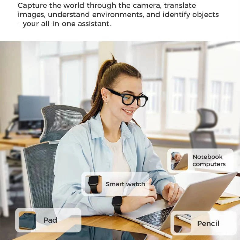 Lunettes intelligentes avec protection UV/anti-lumière bleue, caméra vidéo et audio Bluetooth pour le quotidien.