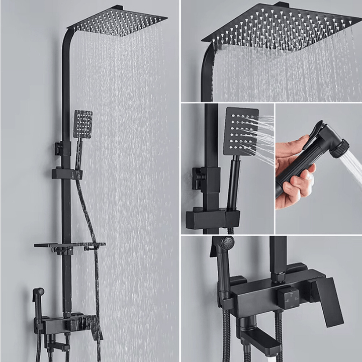 Kit douche pluie laiton, luxe. Robinetterie de salle de bain design et moderne pour un espace premium.