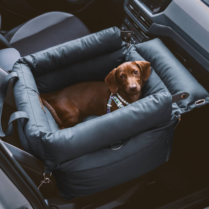 Siège auto chien noir en simili cuir, élégance et protection assurées.