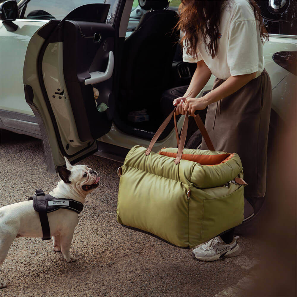 Accessoire de voyage chien : siège auto ergonomique et sécurisé.