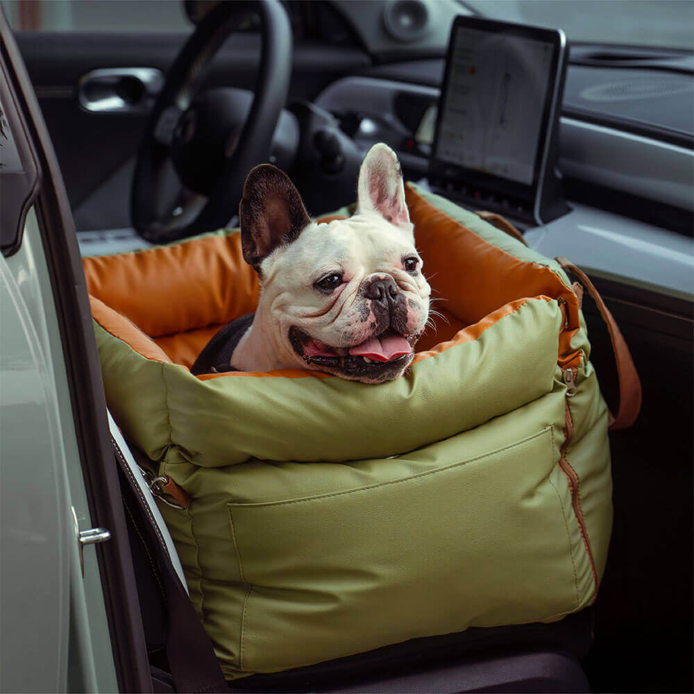 Siège auto chien avec fixations solides, sécurité optimale sur la route.