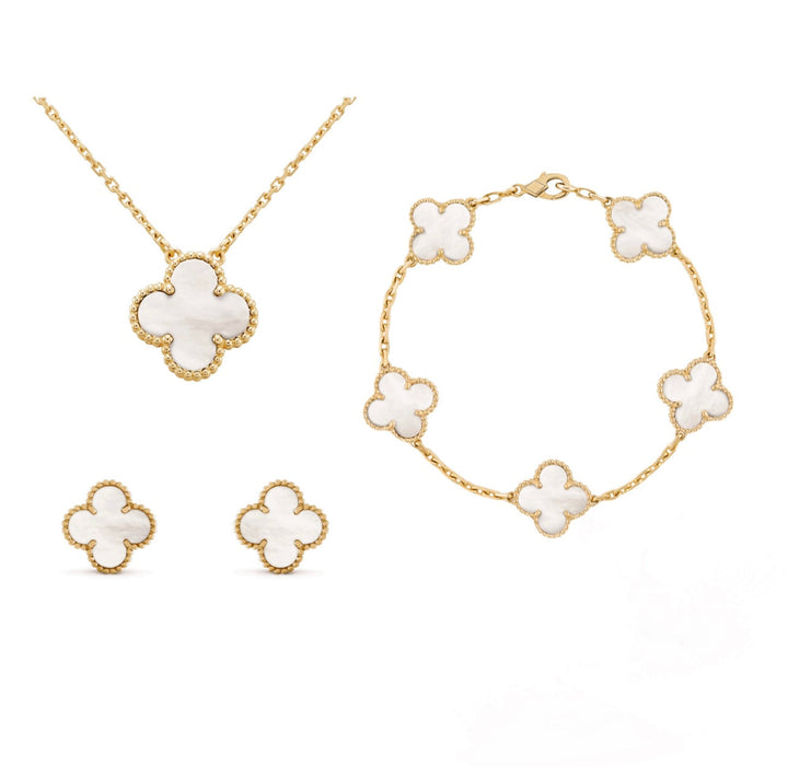 Parure de bijoux trèfle pour femme en nacre irisée, avec collier, bracelet et boucles d'oreilles en acier inoxydable.