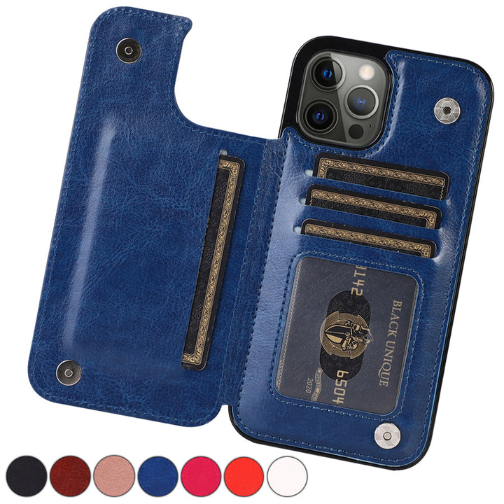 Housse iPhone en cuir luxe avec porte-cartes intégré et rabat magnétique sécurisé.