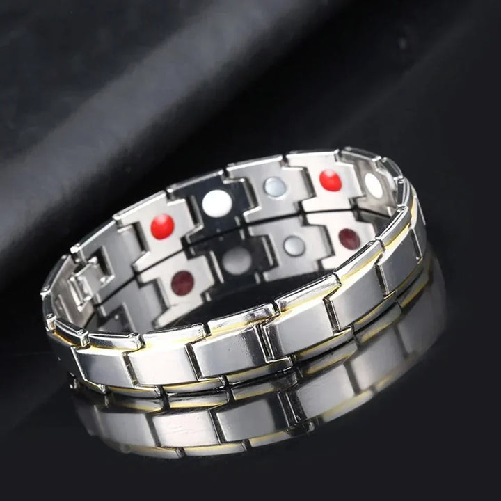 Bracelet thérapie magnétique puissant, aide à la gestion des douleurs et améliore l'énergie vitale. Unisexe, ajustable.