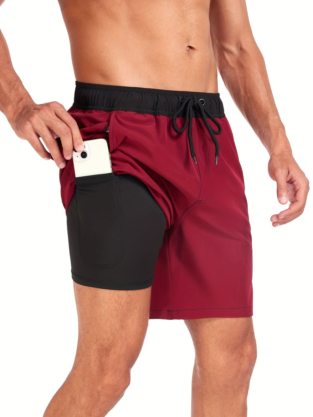 Short de bain homme extensible avec poche téléphone, parfait pour l'été et la plage.