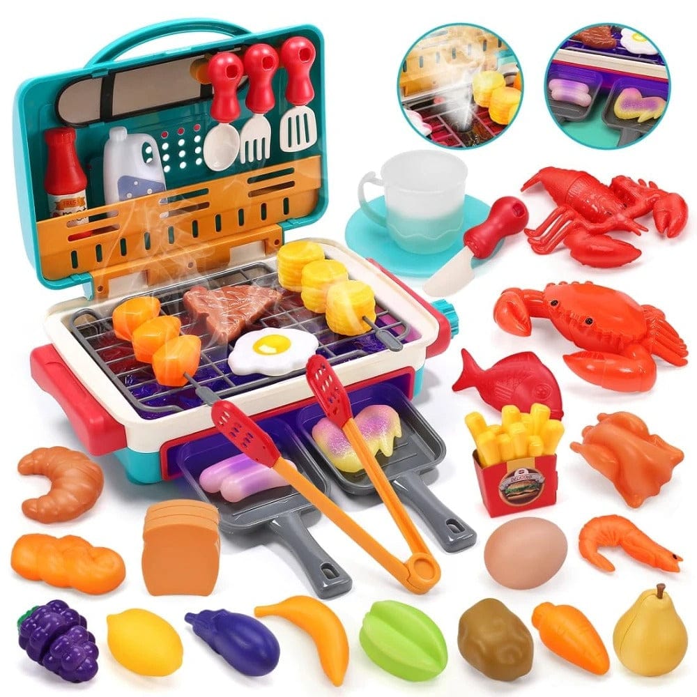 Jouet mini grill BBQ interactif avec effets sonores et fumée réalistes, stimulant l'imagination des enfants.