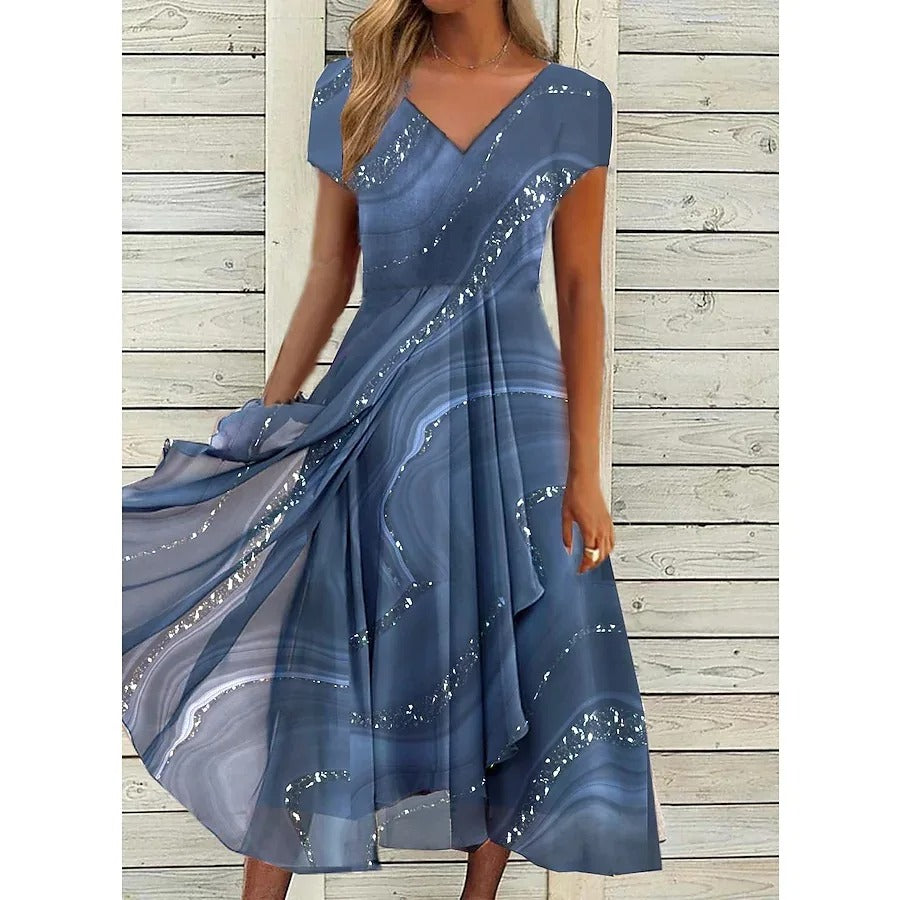 Robe midi fluide imprimée pour femme avec col V, élégante et confortable, idéale pour printemps/été.