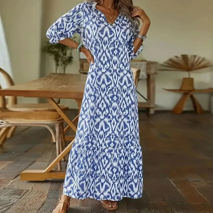 Robe longue été femme, style polyvalent chic et décontracté, idéale pour le confort quotidien ou une soirée.