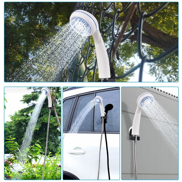 Jet d'eau puissant de la douche portable RinseSplash, parfaite pour camping, plage et nettoyage.