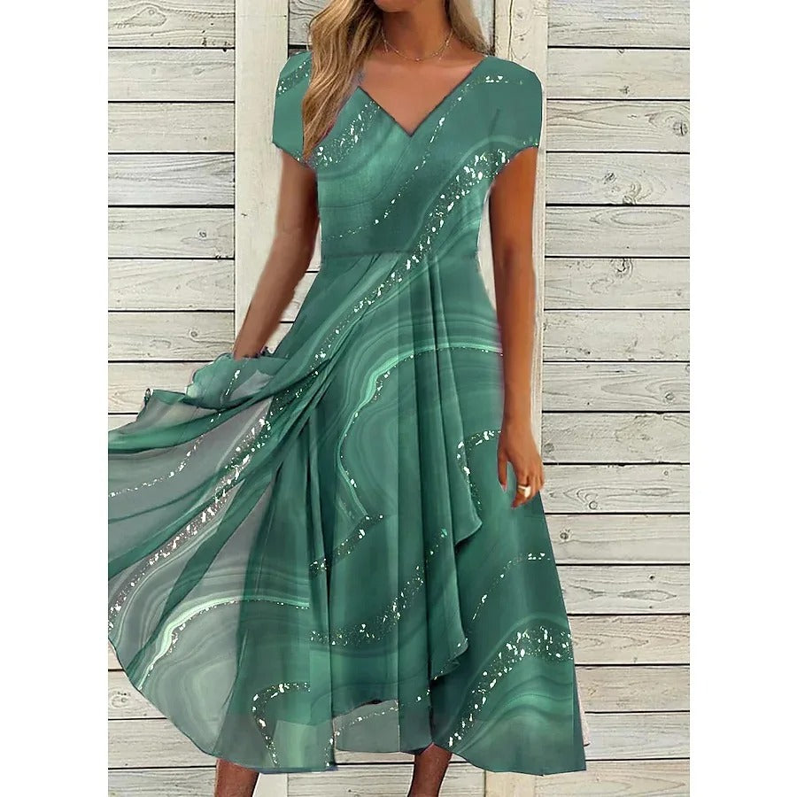 Élégante robe midi imprimée fluide pour femme, col V, offrant confort et style pour toutes saisons.
