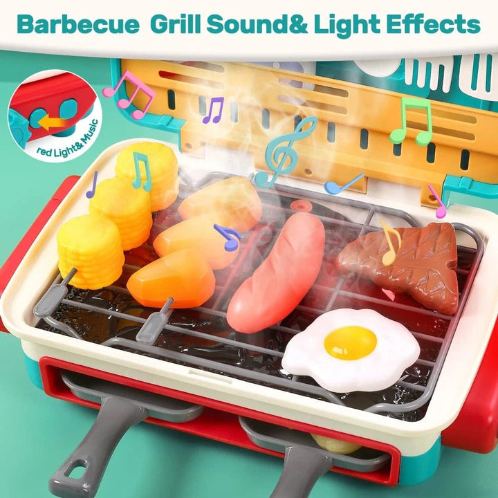Mini grill BBQ jouet sûr pour enfants, avec fumée et sons réalistes. Parfait pour des heures de jeu d'imitation.