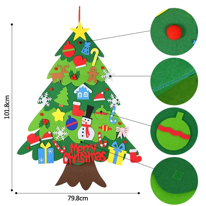 Enfant jouant avec le sapin de Noël Montessori lumineux interactif. Jouet éducatif en feutre pour son éveil.