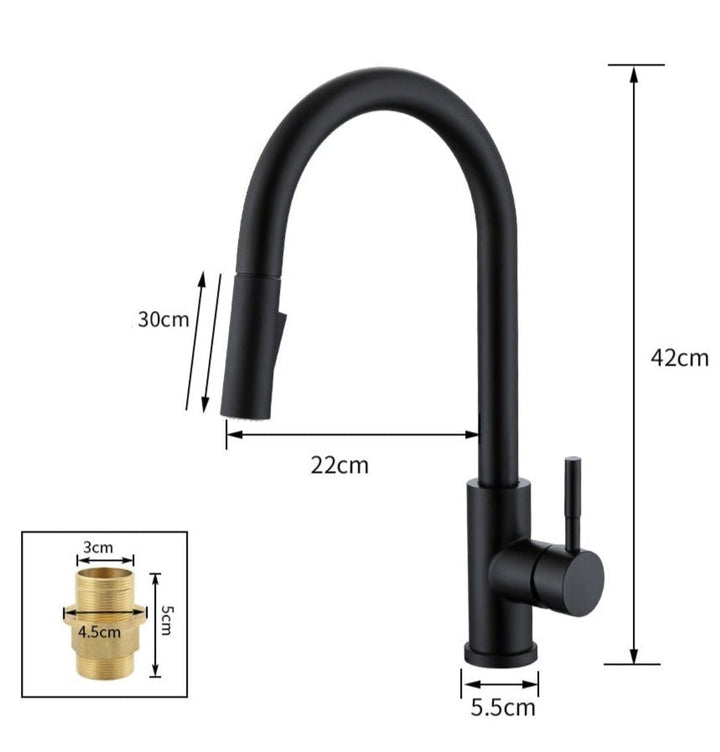 Robinet cuisine moderne avec capteur, finition noir mat. Robinetterie intelligente pour une hygiène parfaite.