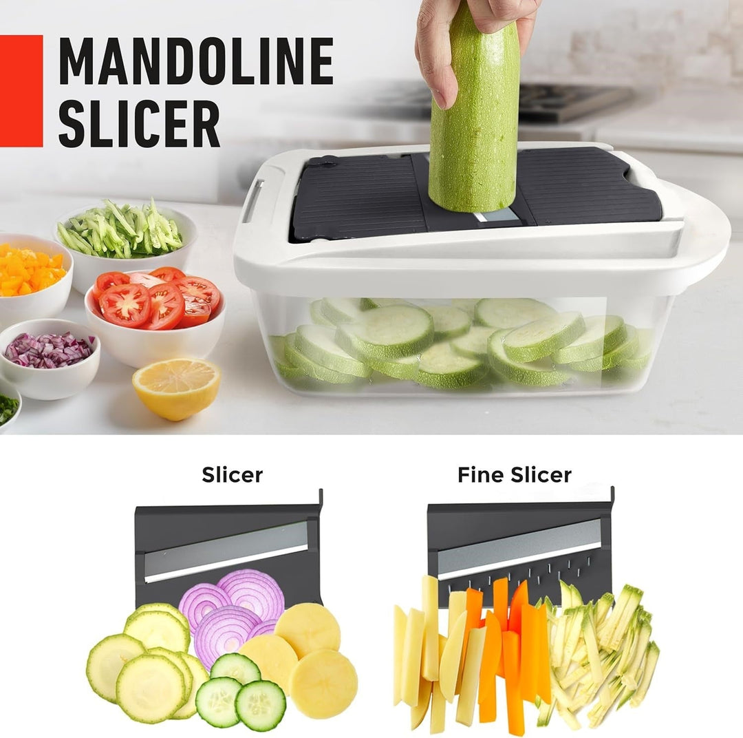 Ustensile de cuisine gris et vert avec lames interchangeables pour couper, hacher, râper tous vos légumes.