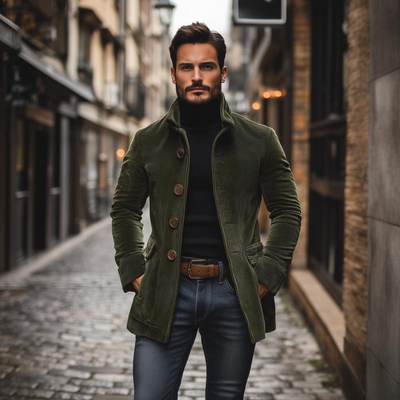 Manteau court homme en velours côtelé, col montant, look élégant et moderne, coupe ajustée.