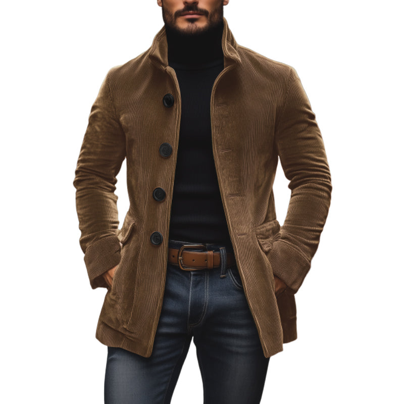 Manteau homme velours côtelé, coupe ajustée, col montant, style élégant, mode masculine chic.
