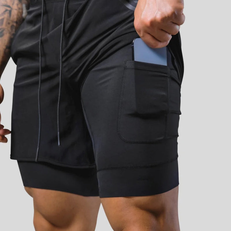 Pantalon de course homme 2-en-1 avec compression. Idéal pour gym et sport.