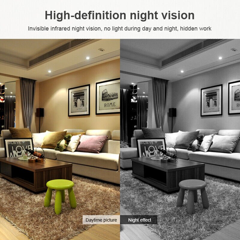 Caméra surveillance HD WiFi discrète, micro, audio, vision nocturne, enregistrement vidéo intérieur sécurité.
