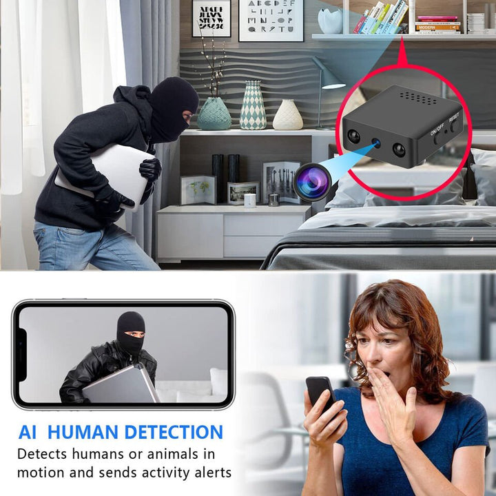 Micro caméra HD WiFi pour surveillance à distance, son et vision nocturne, sécurité discrète.