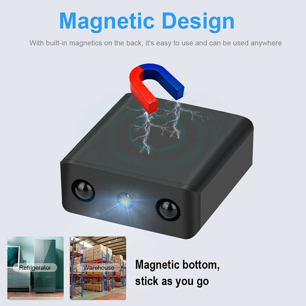 Micro caméra de sécurité HD WiFi avec audio et vision nocturne, compacte pour surveillance maison.
