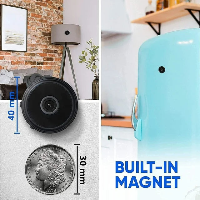 Caméra de sécurité mini sans fil, détection mouvement, Full HD, surveillance discrète maison ou bureau.