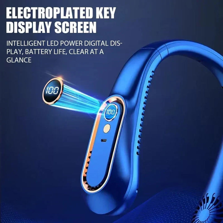 Ventilateur de cou portable et sans pales, un accessoire tech polyvalent pour le sport, le bureau ou l'été.