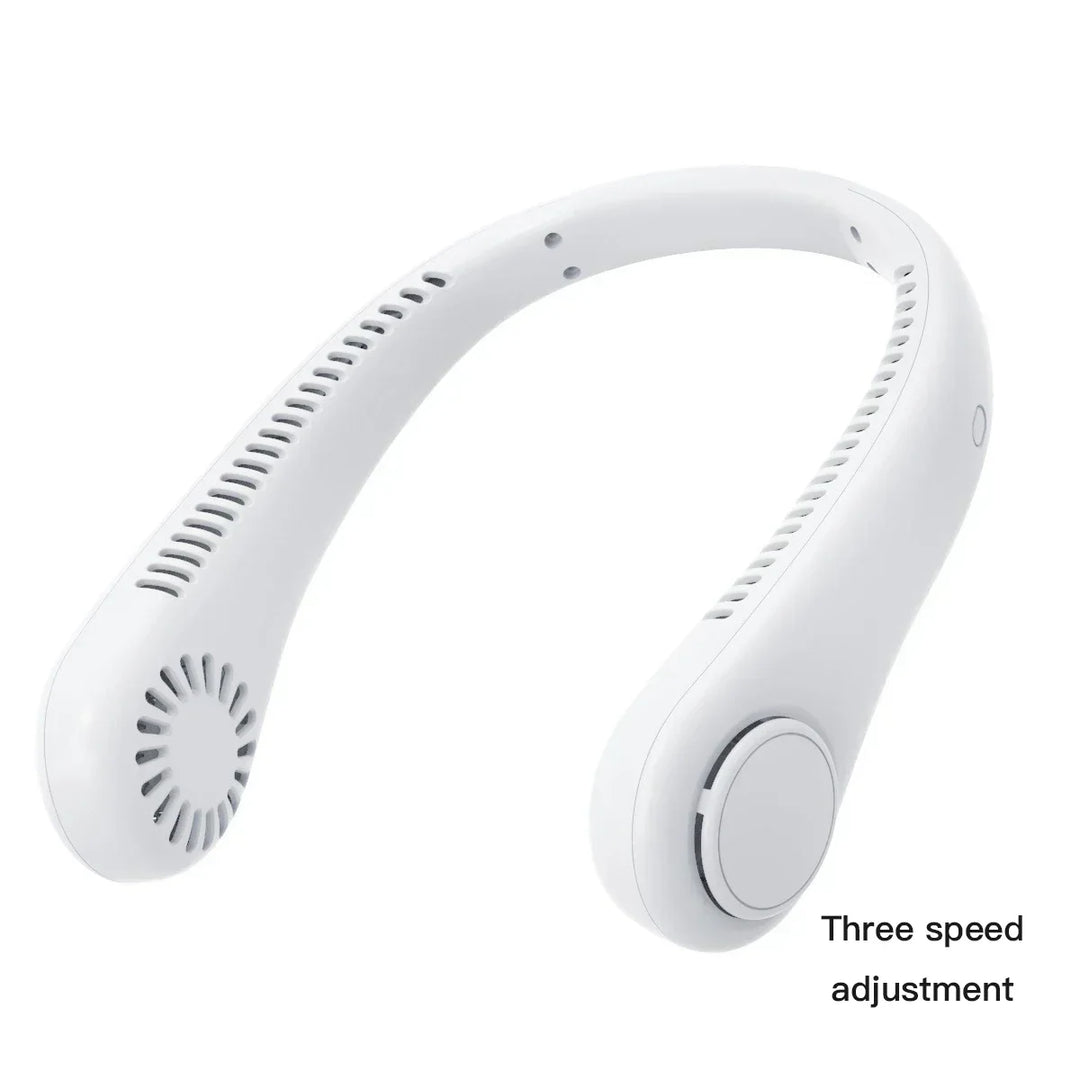 Ventilateur de cou mains libres, sans pales, pour sport, bureau ou activités estivales. Rafraîchissant et pratique.