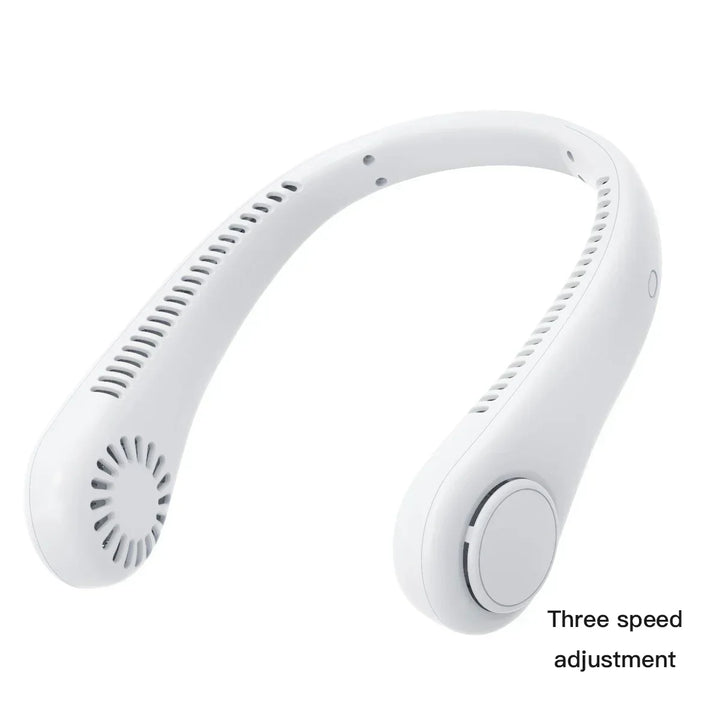 Ventilateur de cou mains libres, sans pales, pour sport, bureau ou activités estivales. Rafraîchissant et pratique.